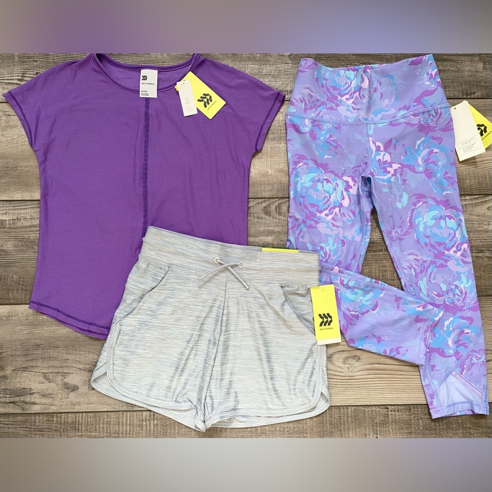 NWT All in Motion Purple Grey Floral Matching Outfit Top Shorts Capri Set 7 8